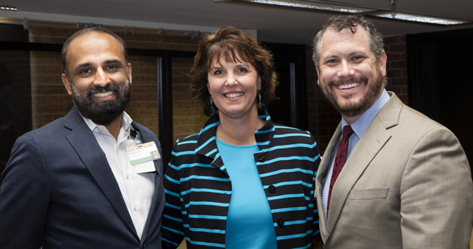 Tracy Gaudet, MD, center, recently delivered the third annual Dr. Roy O. Elam Memorial Lecture sponsored by the Osher Center for Integrative Medicine at Vanderbilt, the Department of Physical Medicine and Rehabilitation and the Vanderbilt Center for Musculoskeletal Research. With Gaudet are Gurjeet Birdee, MD, MPH, left, and David J. “D.J.” Kennedy, MD.