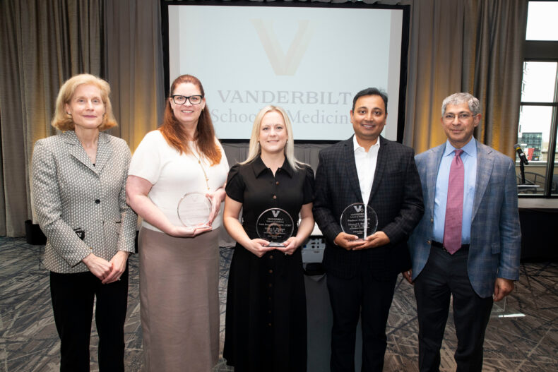 From left, Jennifer Pietenpol, PhD; Research Staff Award recipients Sandra Yoder, MLS, SCYM, Faith Brendle, RN, CPN, CCRP, and Prashant Singh, MS; and John Kuriyan, PhD. (photo by Susan Urmy)