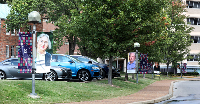 Banners on Garland Avenue celebrating long-serving employees are part of VUMC’s efforts honoring those celebrating milestone anniversaries this year.