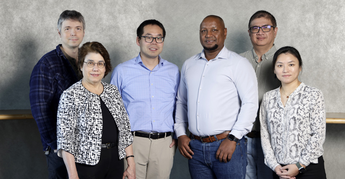 From left, Peter Straub, MS, Karen Joos, MD, PhD, Ran Tao, PhD, Jibril Hirbo, PhD, Eric Gamazon, PhD, and Xue Zhong, PhD are part of the international research team that has identified ancestry- and sex-specific genetic loci associated with glaucoma. (photo by Donn Jones)
