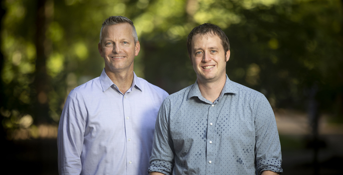 The antibacterial mechanism study team includes Eric Skaar, PhD, MPH, left, and Andrew Monteith. 