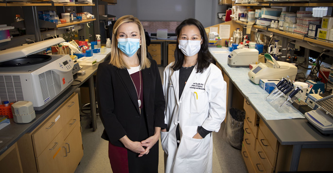 Katie Coate, PhD, left, Jeeyeon Cha, MD, PhD, and colleagues are working to understand the interaction of diabetes and COVID-19.