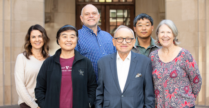 Jacek Hawiger, MD, PhD, third from right, with study team members, from left, Katherine Gibson-Corley, DVM, PhD, Yan Liu, MD, Jozef Zienkiewicz, PhD, Huan Qiao, MD, PhD, and Ruth Ann Veach.