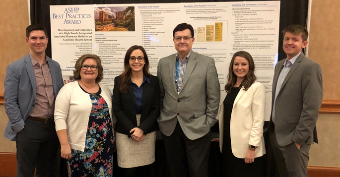VUMC pharmacy members Jacob Jolly, PharmD, CSP, Sheena Illarramendi, CPhT, Tara Kelley, PharmD, MMHC, Jim Hayman, MBA, MS, Liz Cherry, PharmD, CSP, and Matt Phillips, PharmD, at the American Society of Health Systems Pharmacists Midyear Clinical Meeting and Exhibition in Las Vegas.