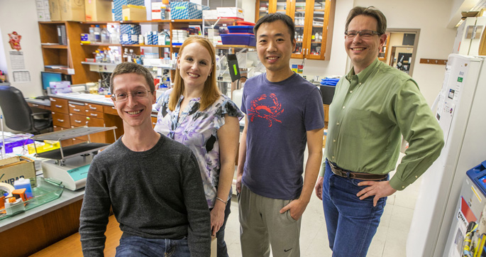 From left, Benjamin Brown, Christine Lovly, MD, PhD, Yun-Kai Zhang, PhD, Jens Meiler, PhD, and colleagues are exploring new ways to understand resistance to targeted cancer therapy drugs.