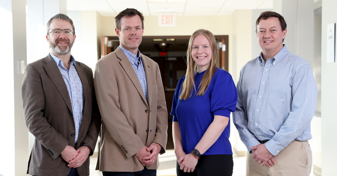 The study team included, from left, David McIlroy, MD, Matthew Shotwell, PhD, Cassandra Hennessy, MS, and Frederic (Josh) Billings IV, MD. (photo by Donn Jones)