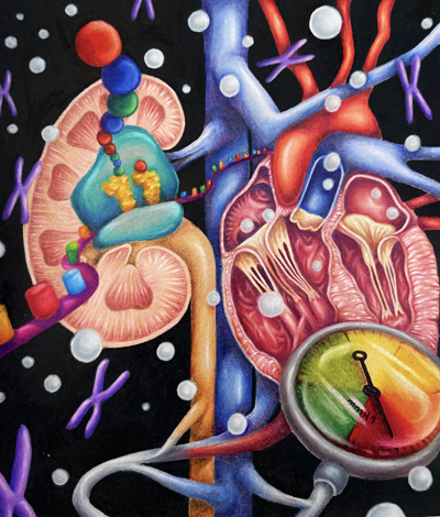 A common missense polymorphism in the lymphocyte adaptor protein SH2B3/LNK promotes inflammation, renal dysfunction, and hypertension. Shown abstractly is the kidney, heart, chromosomes (purple), T lymphocytes (white balls), ribosome machinery (teal) conducting protein translation (colored balls) from messenger RNA (purple strand with colored nucleotides), and blood pressure cuff depicting hypertension. 