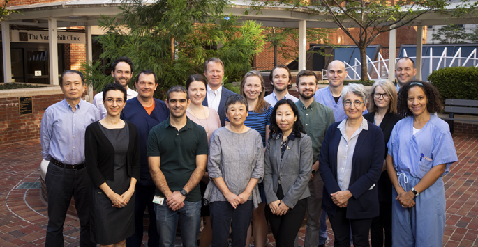 Members of the newly named MASLAB gathered for a portrait on the Medical Center Plaza. The early lung cancer detection research initiative was named in honor of the late Pierre Massion, MD.