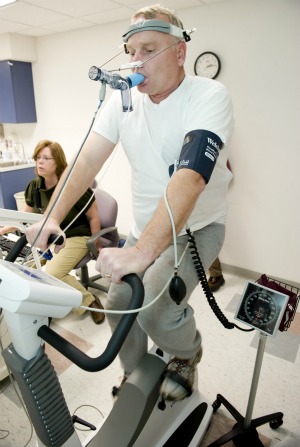 Soldier taking lung function test