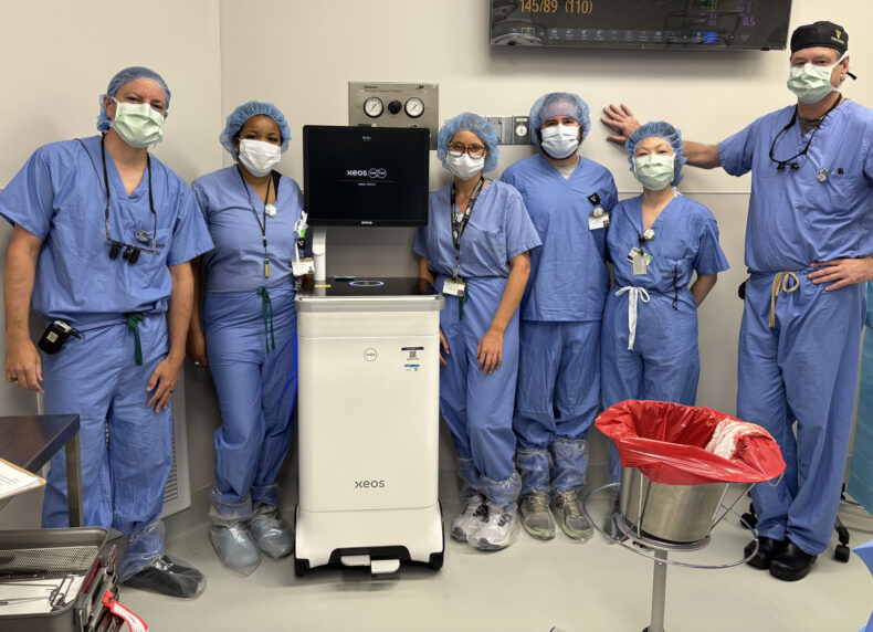 The surgical team included, from left, Michael Topf, MD, Kyrionna Golliday, Carleigh Burns, Marcus Balanky, Jo Chung, and Eben Rosenthal, MD.