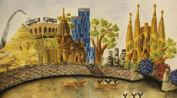 Artist Anjali Kumari, an undergraduate student at North Carolina Agricultural and Technical State University, worked with Vanderbilt PhD student Kelsey Pilewski on this piece that depicts co-infection by two viruses, HIV (blue) and HCV (red), and the evolution of antibodies to combat virus infection.