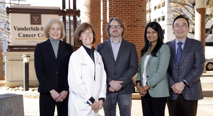 Authors on the study included, from left, Jennifer Pietenpol, PhD, Melinda Sanders, MD, Brian Lehmann, PhD, Vandana Abramson, MD, and Yu Shyr, PhD. (photo by Donn Jones)