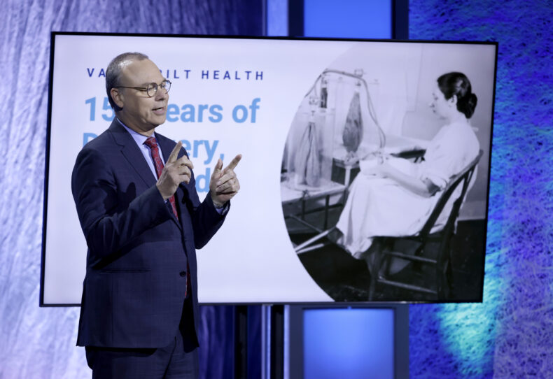 Jeff Balser, MD, PhD, talks about Vanderbilt University Medical Center’s long history of service during the Leadership Assembly. (photo by Donn Jones)