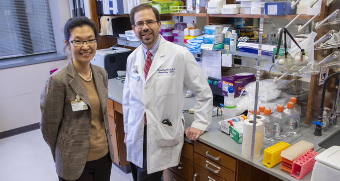 Dae Kwang Jung, left, Brian Engelhardt, MD, MSCI, and colleagues are studying why stem cell transplant patients are at risk of developing diabetes.