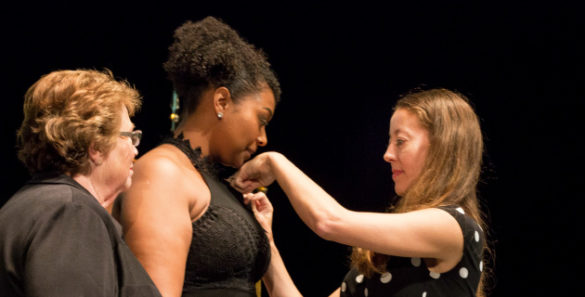 School of Nursing Dean Linda Norman (far left) and Assistant Professor Brittany Nelson (far right) at the August 2017 pinning ceremony in Langford Auditorium. (Vanderbilt University)