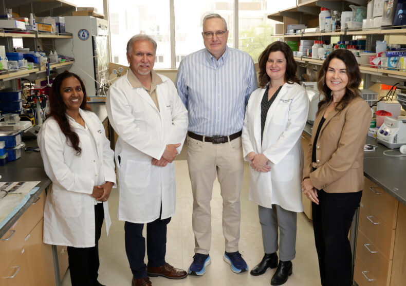 From left, Julie Bejoy, PhD, Richard Welch, Matthew Wilson, PhD, MD, Lauren Woodard, PhD, and Katherine Gibson-Corley, DVM, PhD, contributed to a pre-clinical study that suggests a new way to treat acute kidney injury. (photo by Donn Jones)