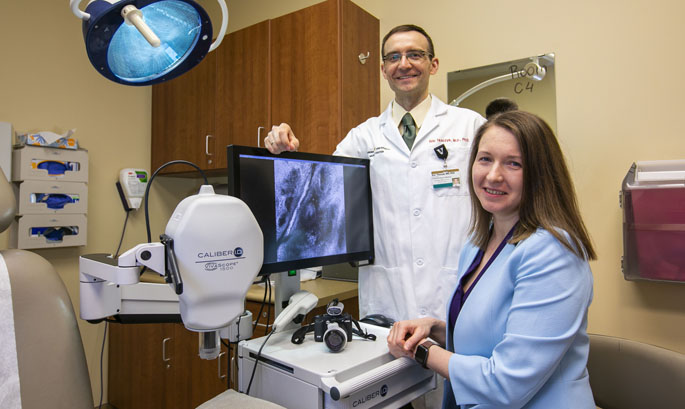 Inga Saknite, PhD, Eric Tkaczyk, MD, PhD, and colleagues are studying how white blood cell motion in the skin’s microvasculature can help predict which stem cell and bone marrow transplant patients would have a relapse of their blood cancer. (photo by Anne Rayner)