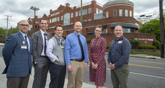 The Addiction Bridge Clinic will be staffed by a multispecialty team, including, from left, David Edwards, MD, PhD, David Marcovitz, MD, William Sullivan, MD, MEd, Cody Chastain, MD, Katie White, PhD, MD, and Jason Ferrell, LCSW.