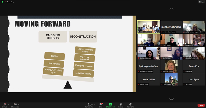 The virtual Advanced Practice Grand Rounds focused on the experience of caring for COVID-19 patients for nearly two years.