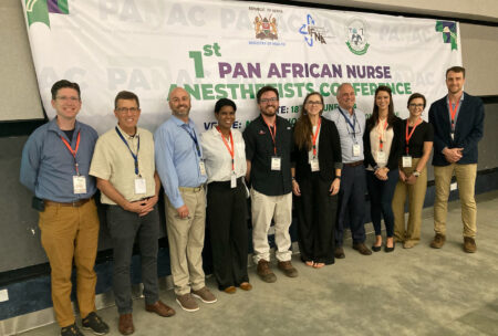 From left are Greg Sund, MD; Mark Newton, MD; Brent Dunworth, DNP, MBA, CRNA; Hollie Humphries, MD; Julian Rios, MD; Jill Moore, MS, CRNA; Michael Leersnyder, DNAP, CRNA; Casey Balthazar, DNAP, CRNA; Heather Larson, MS, CRNA; and Matt Kynes, MD.