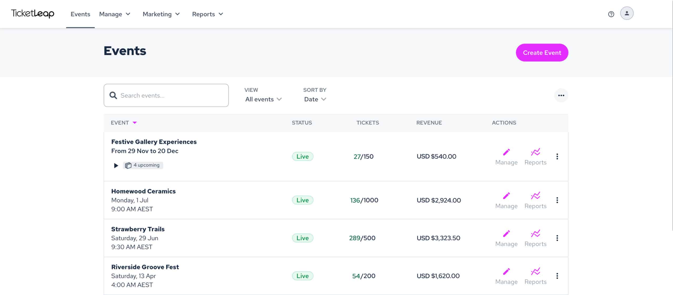 A screenshot of the TicketLeap portal home