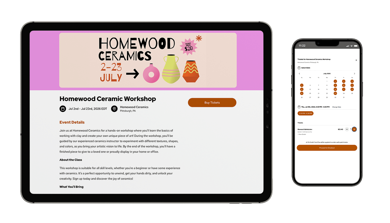 event ticketing page example of a ceramics workshop on a desktop and mobile device