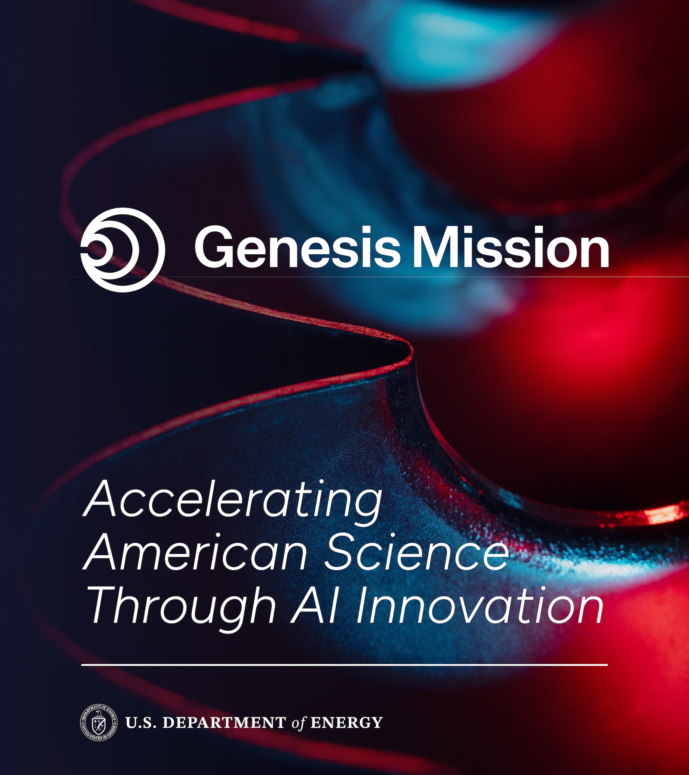 Abstract graphic that says "Genesis Mission, Accelerating American Science Through AI Innovation" 