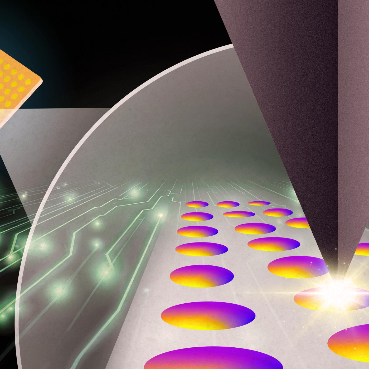 Illustration of a nanoscale data storage process showing a sharp probe tip writing information onto a surface patterned with colorful circular domains, with a microchip in the background and glowing circuit-like pathways suggesting advanced computing and nanotechnology.