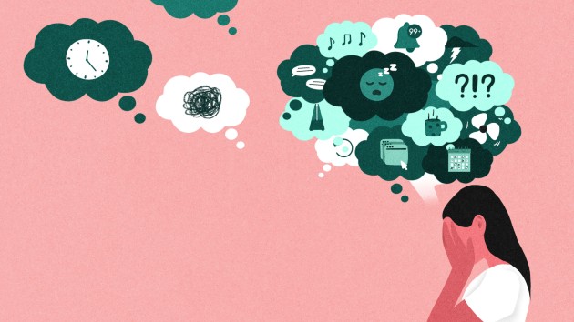 A conceptual illustration depicting a clutter of thoughts and mental processes stuffed into the overloaded brain of a person with attention deficit hyperactivity disorder (ADHD)