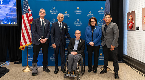 (From left to right) Rob Rutenbar, University of Pittsburgh senior vice chancellor for research; Anantha Shekhar, University of Pittsburgh senior vice chancellor for health sciences and school of medicine dean; HERL director and RAMMP co-principal investigator Rory Cooper; Joan Gabel, University of Pittsburgh chancellor; and RAMMP co-principal investigator Jorge Candiotti, at the RAMMP announcement event. Photo by Rayni Shiring.