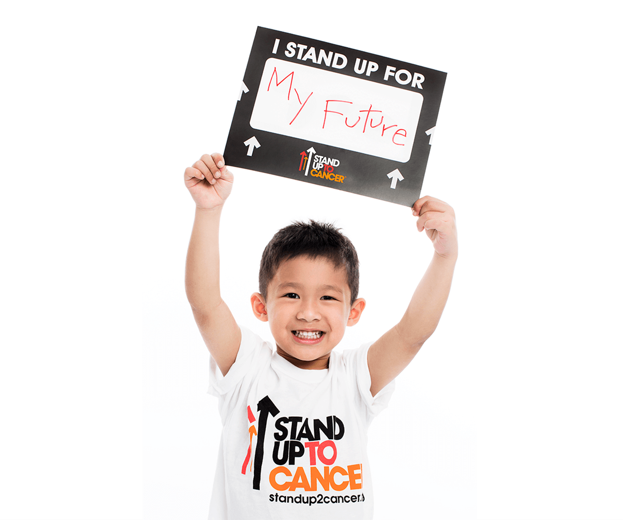 Child holding a placard, expressing support for cancer awareness and research.
