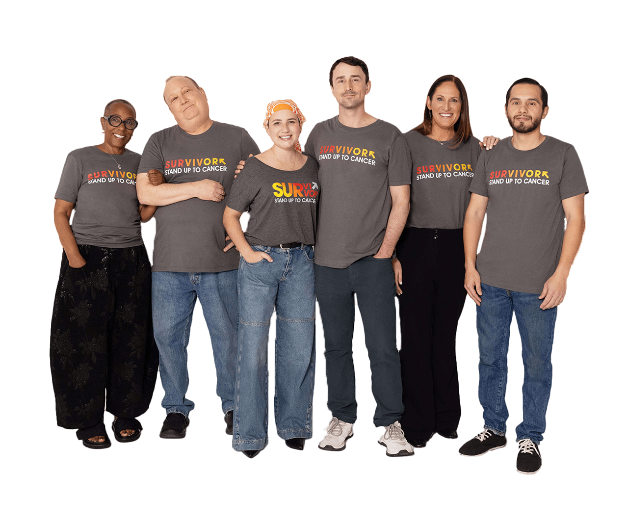 Group photo of cancer survivors wearing 'Survivor' shirts, united in celebration of their journey and resilience.