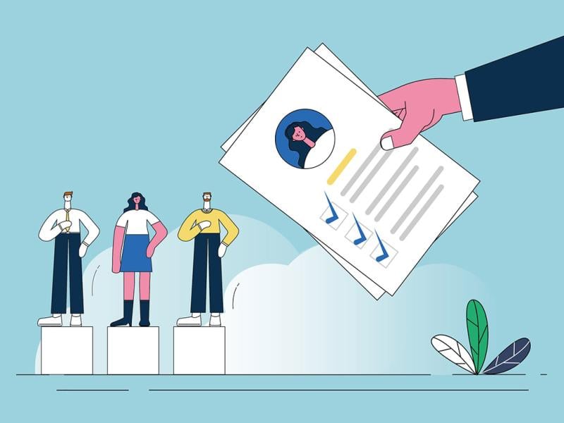 Hand holding a document approaches three figures on pedestals