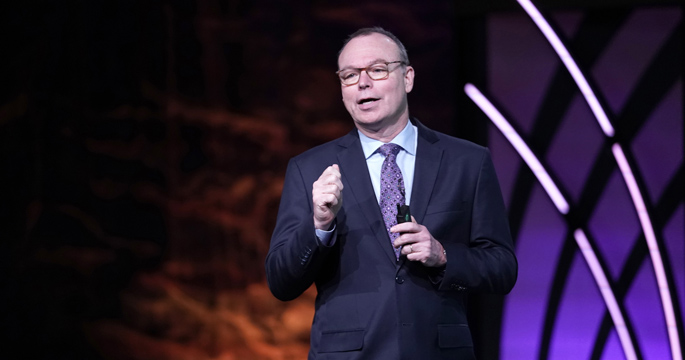 Jeff Balser, MD, PhD, talks about the many challenges VUMC has faced during the past year at this week’s Leadership assembly. (photo by Donn Jones)