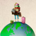 concept illustration drawn from imagination of woman holding shopping standing on a disappearing world