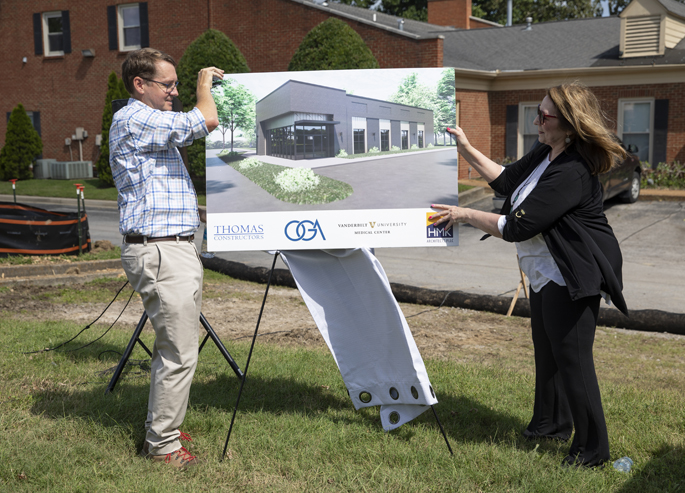  Brenda Swift, president of Vanderbilt Imaging Services, and Charles Watkins, of construction firm Oman-Gibson Associates, unveiled a rendering of Vanderbilt Imaging Services’ future Bellevue location during a groundbreaking event on Aug. 17. The new clinic, located at 8124 Sawyer Brown Road, is slated to open in fall 2024 and will include MRI, CT, ultrasound, fluoroscopy X-ray, and mammography services.  