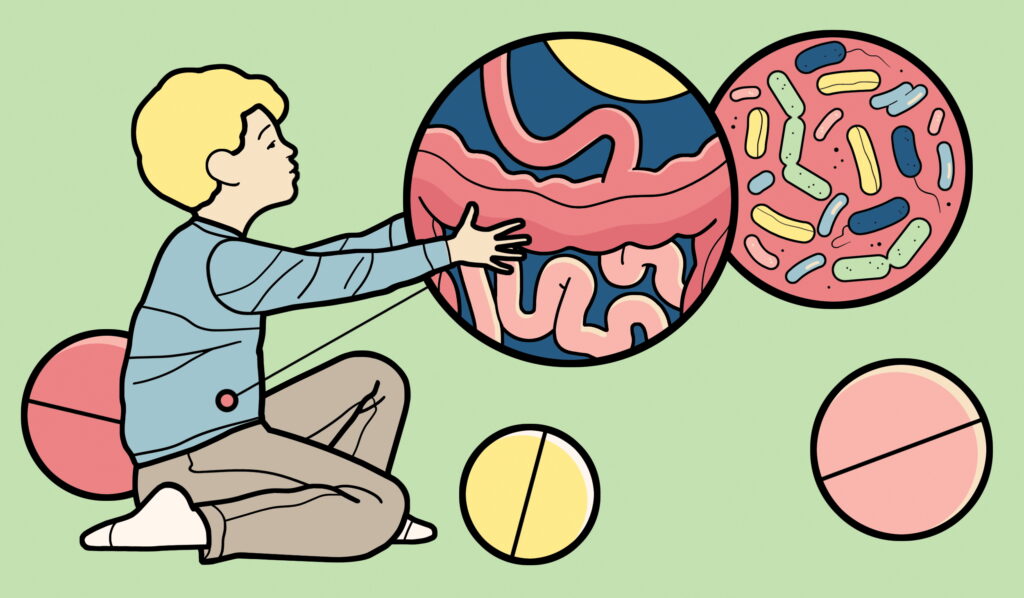 child playing with an image of a microbiome like a ball