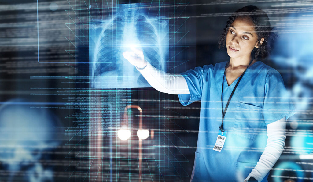 Futuristic illustration of provider with lung x-Ray