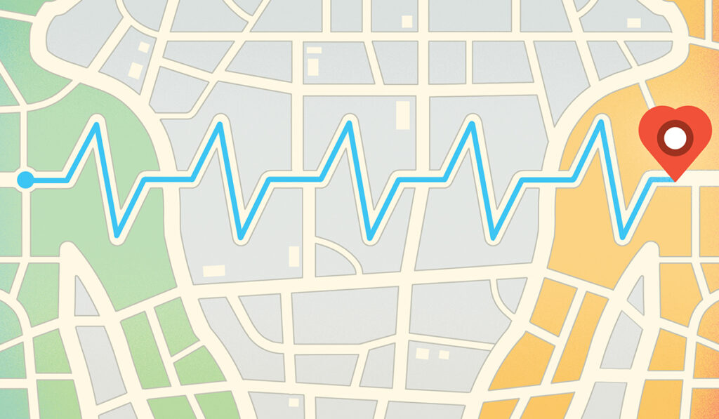 Illustration of heart transplant moving across a map