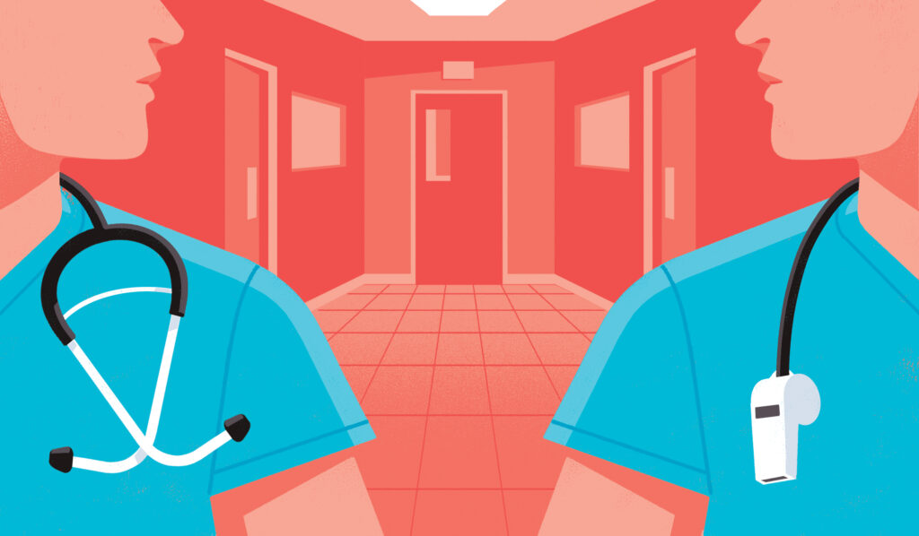 Two surgeons facing each other in a hall; one has a stethoscope around his neck, the other a whistle.