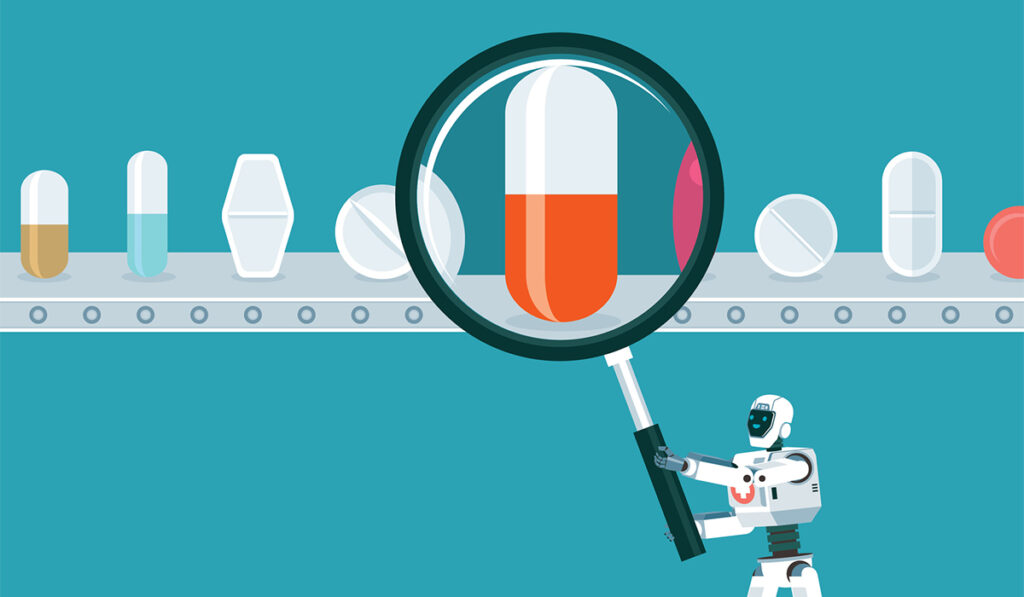 A robot using a magnifying glass to expand the view of a pill on a conveyor belt