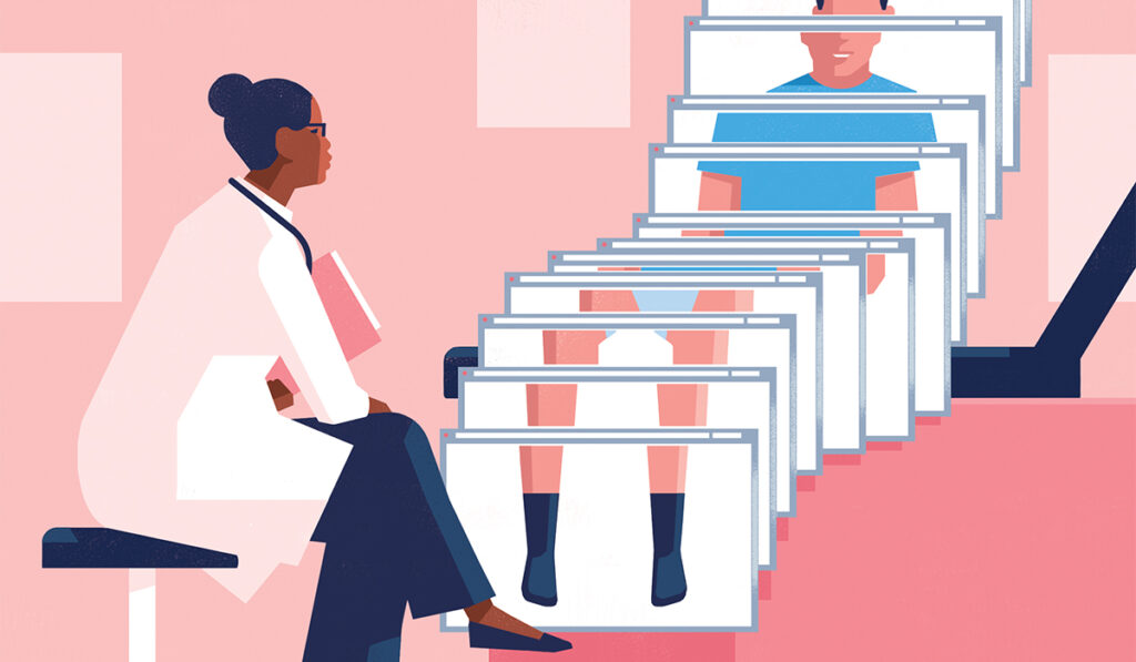 Illustration of seated healthcare provider viewing a stacked array of browser windows which together form an image of a man in a blue shirt, shorts and socks