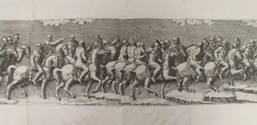 Diana Scultori (Italian, ca. 1547–1612) after Giulio Romano (Italian, probably 1499–1546), detail, 'Procession of Armed Horsemen,' 1575, engraving printed on three joined sheets. Gift of the Brooklyn Museum of Art.