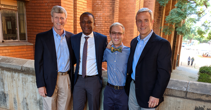 The study team includes, from left, Douglas Heimburger, MD, MS, Kondwelani Mateyo, MBChB, MMed, Justin Banerdt, MD, MPH, and E. Wesley Ely, MD.