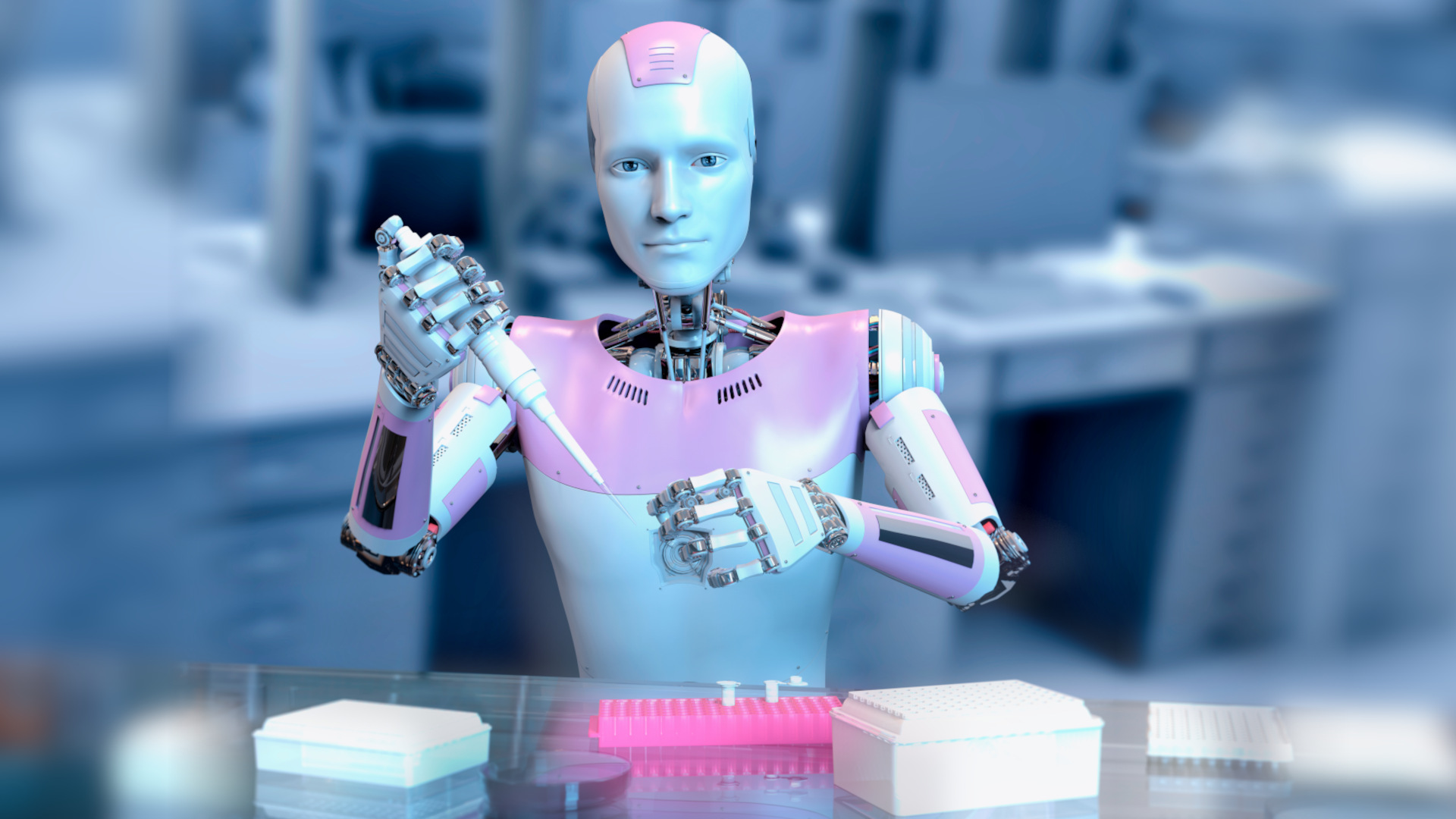 Illustration of a humanoid robot working in a laboratory holding an automatic pipette and microcentrifuge tube