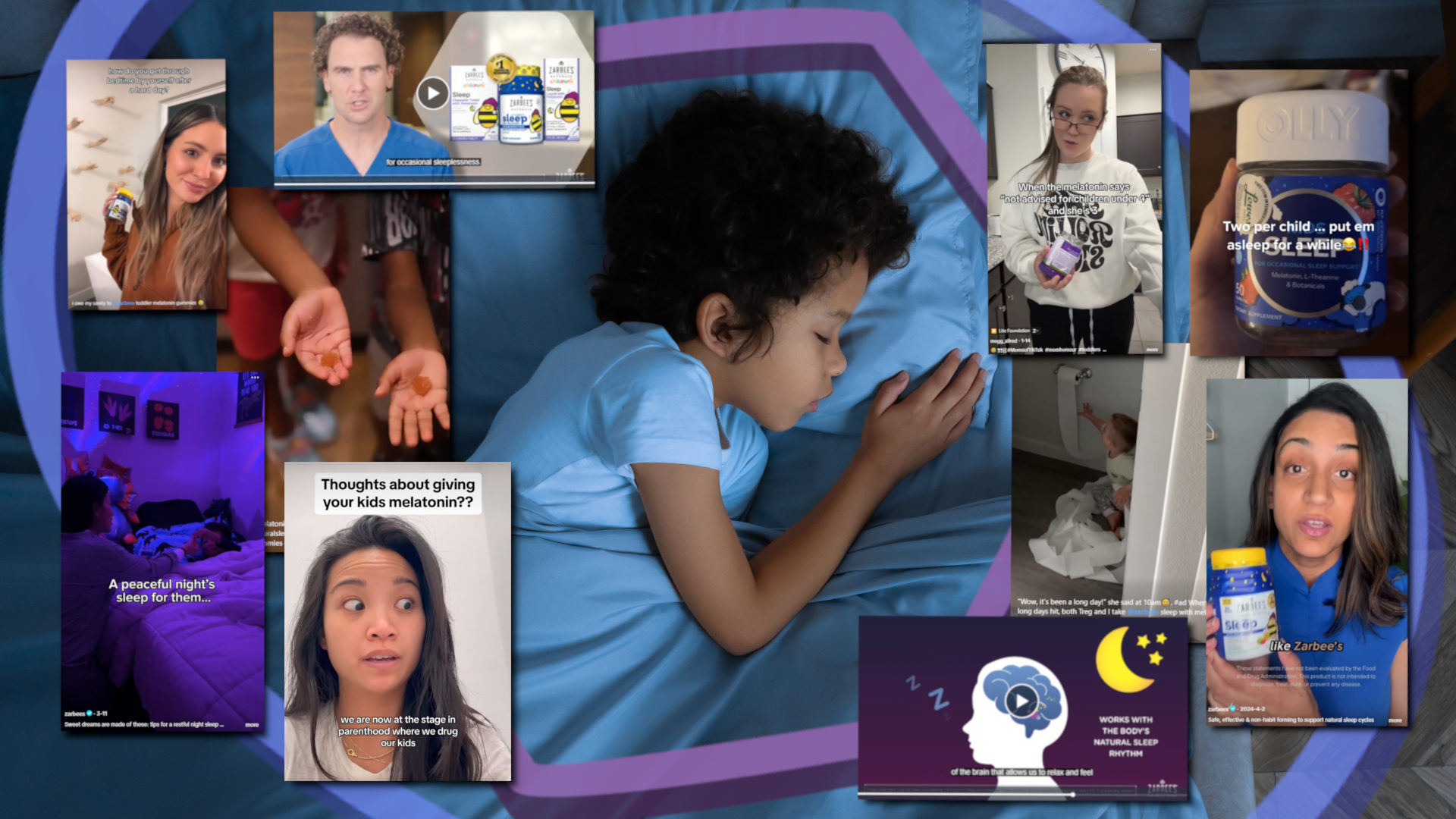 A young African American boy is laying comfortably in bed with a soft blue comforter covering him. He appears relaxed and at ease, sleeping peacefully. Surrounding him are ads for melatonin supplements.