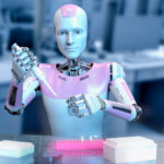 Illustration of a humanoid robot working in a laboratory holding an automatic pipette and microcentrifuge tube