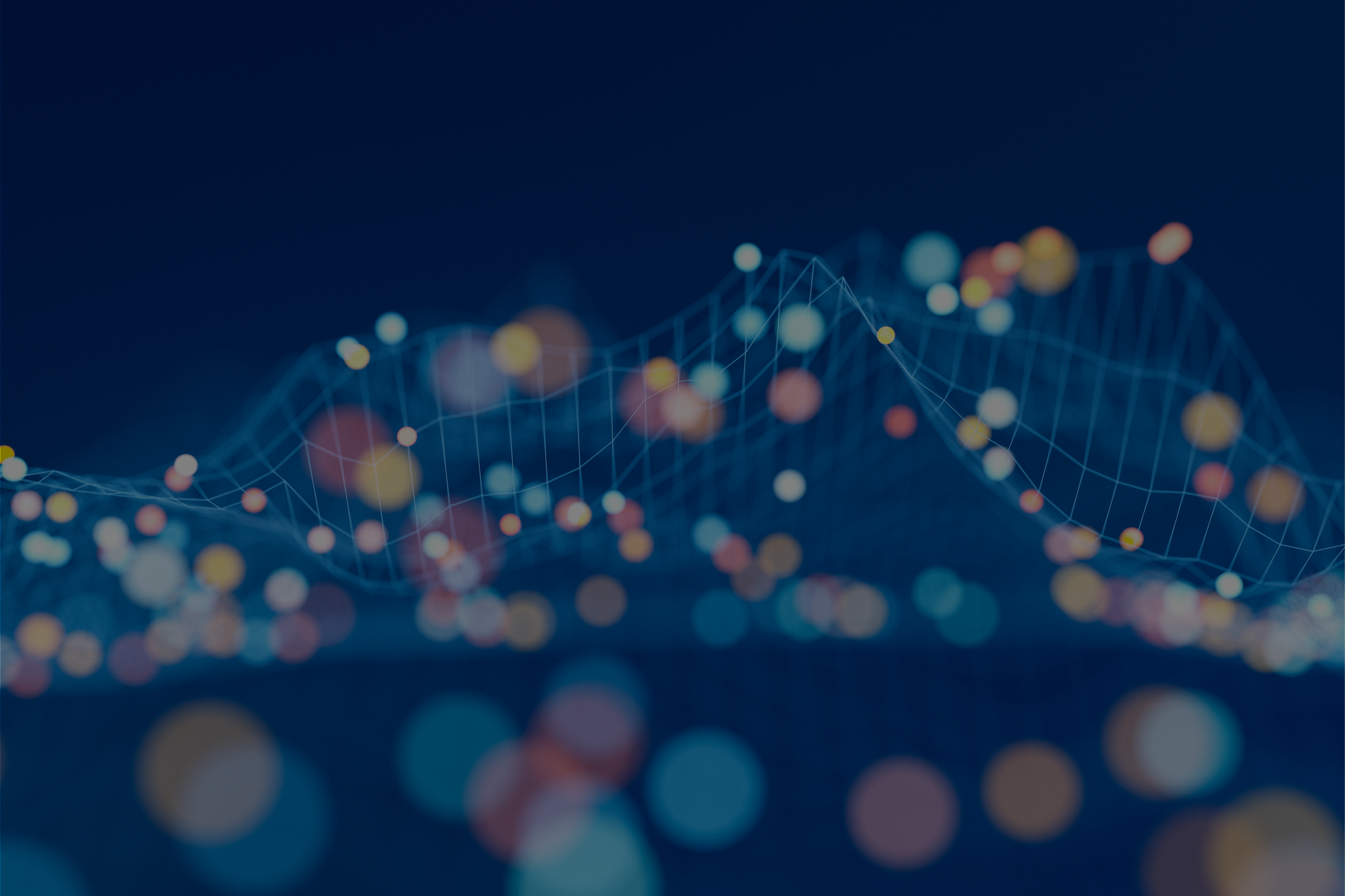 Abstract 3D mesh with colorful bokeh lights on a dark blue background