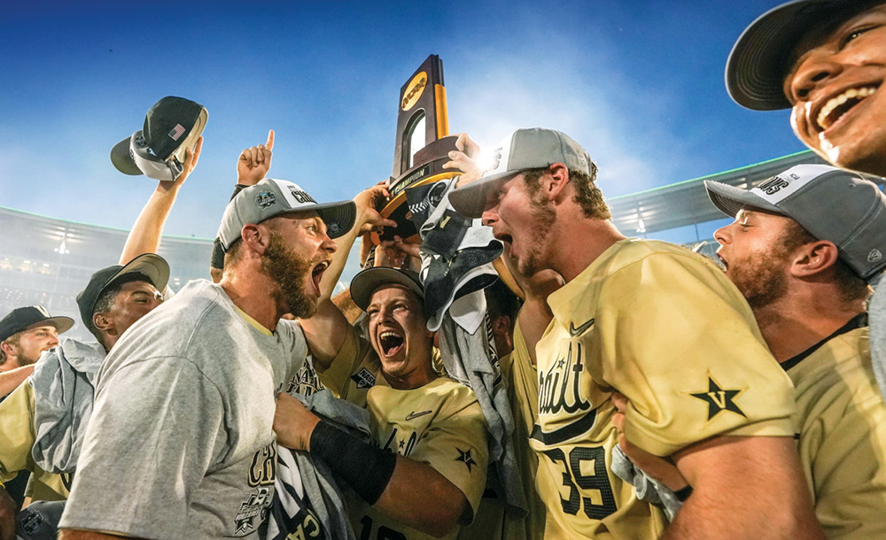photo of Vanderbilt baseball players celebrating their College World Series victory
