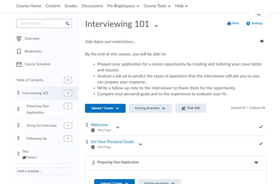 Example Interviewing 101 course in Classic Content with a module specific table of contents